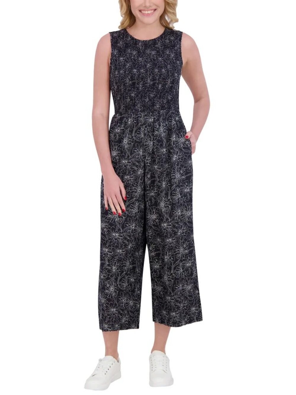 NEW Andrew Marc Wide Leg Smocked Jumpsuit Black Floral L NWT Cropped